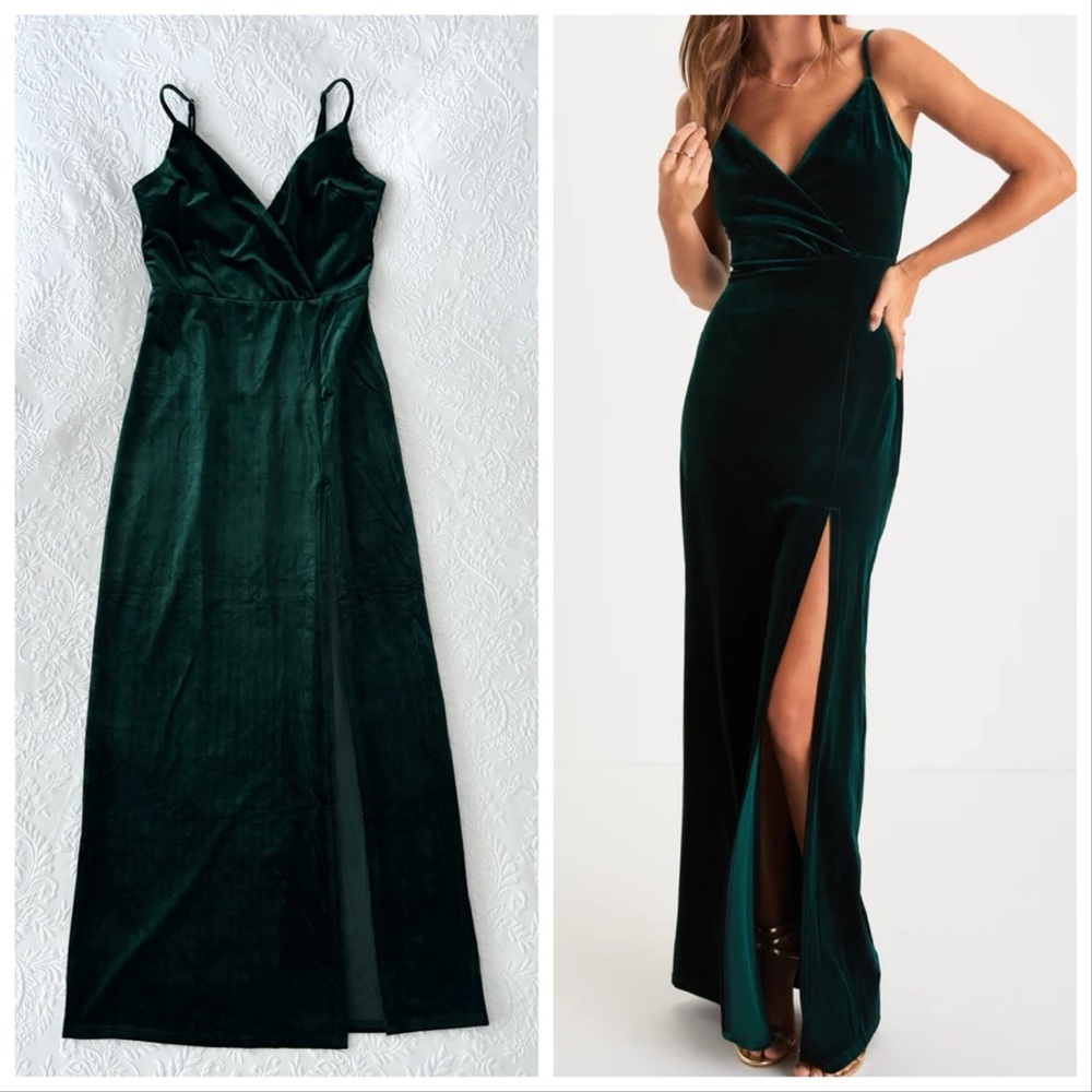 NWOT Lulus Graceful Glamour Emerald Green Velvet Surplice Maxi Dress Large